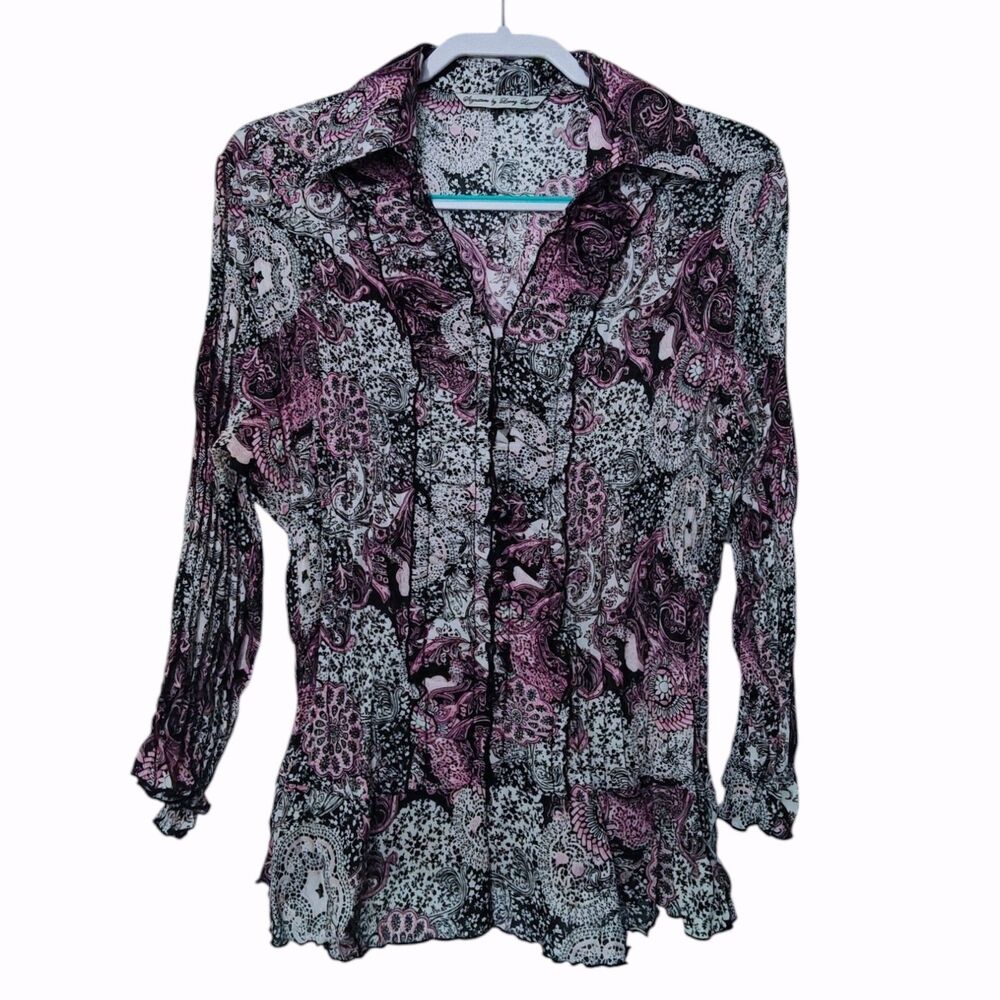 Y2K Sheer Paisley Ruffle Top Shirt XL Crinkle Button Up Cute Goth Fairy Feminine